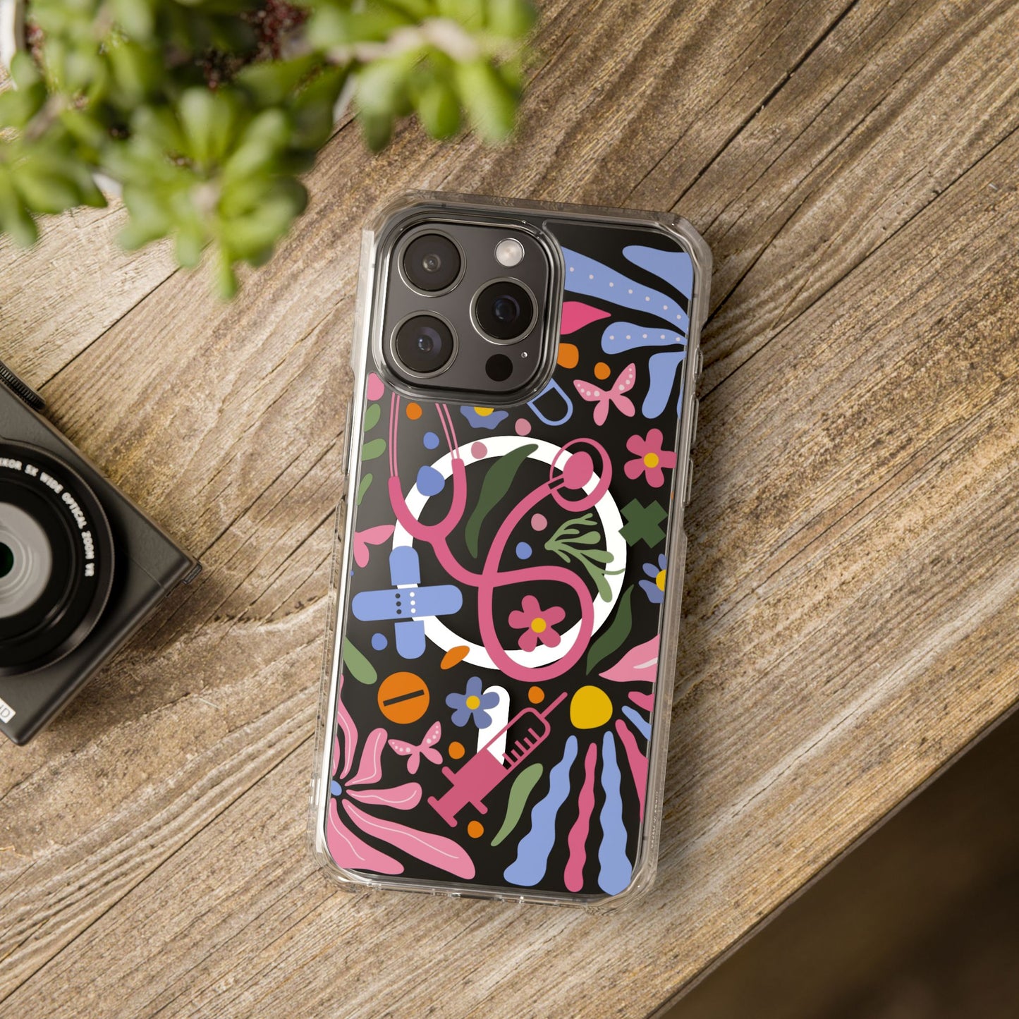 Magnetic Clear Impact Phone Case - Pink Stethoscope