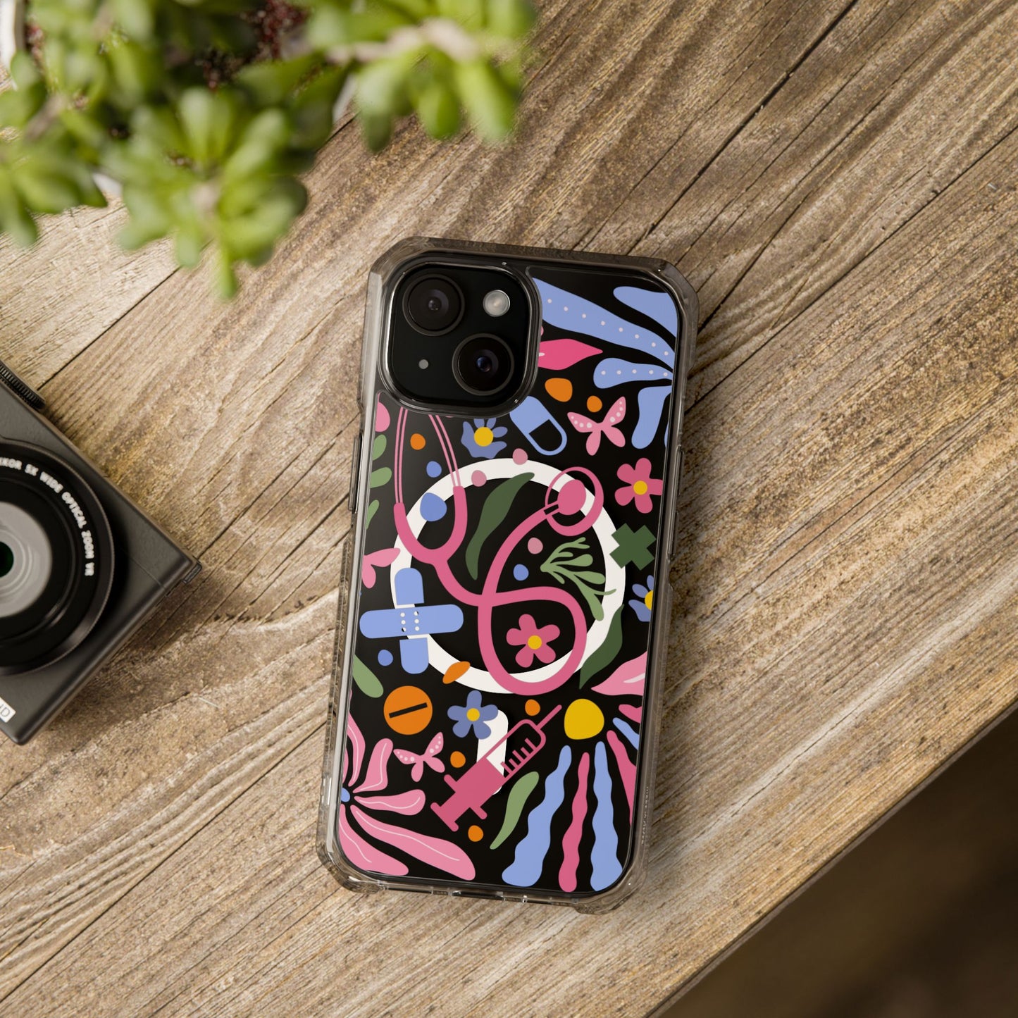 Magnetic Clear Impact Phone Case - Pink Stethoscope