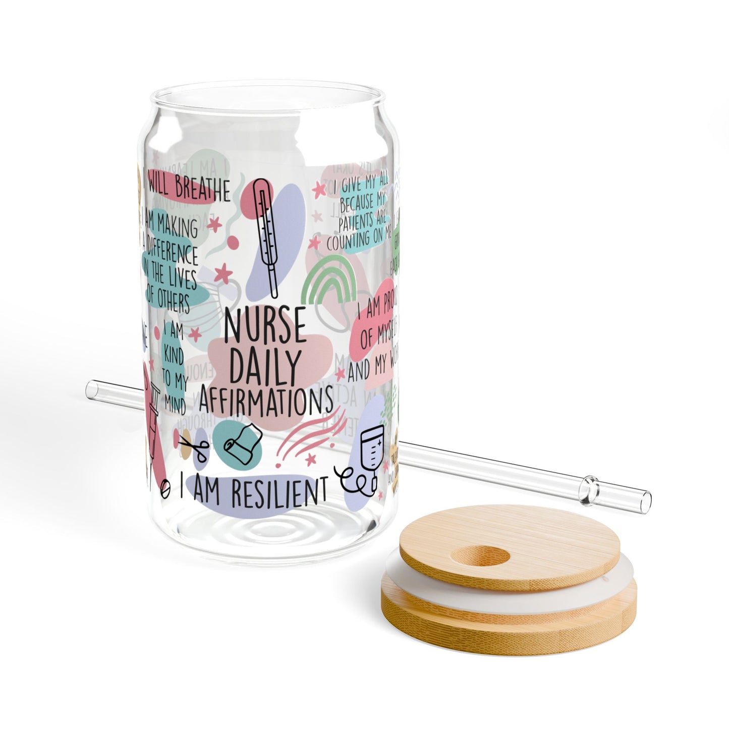 Nurses Daily Affirmations Inspirational Sipper Glass, Motivational Drinkware, 16oz Water Bottle, Gift for Healthcare Workers