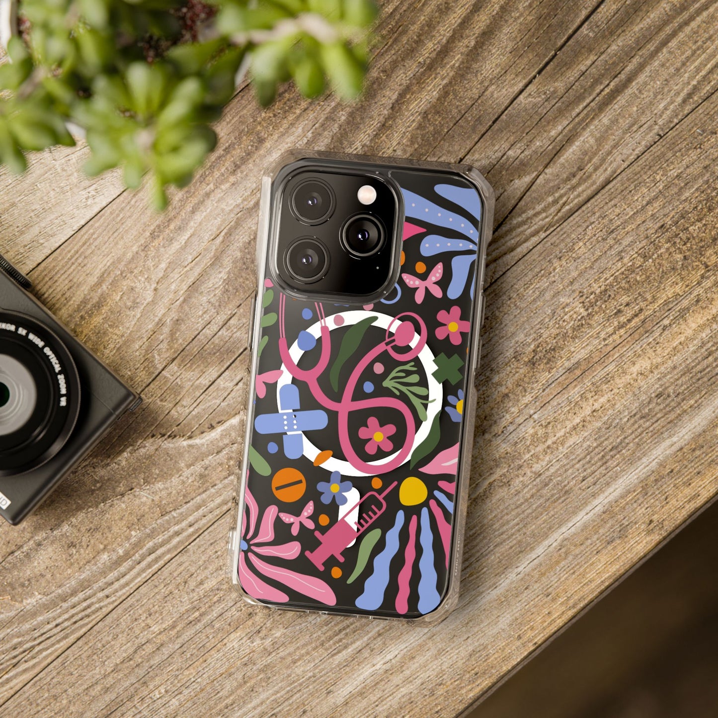 Magnetic Clear Impact Phone Case - Pink Stethoscope