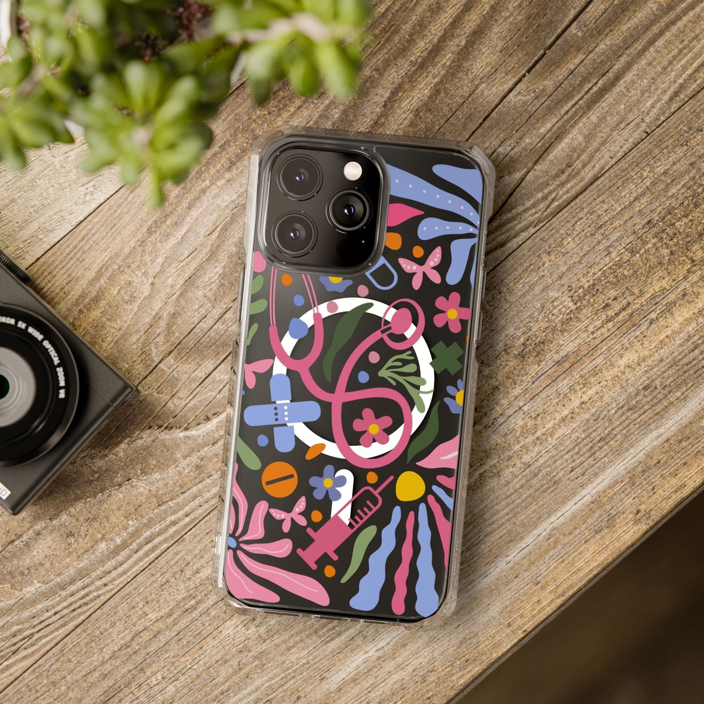 Magnetic Clear Impact Phone Case - Pink Stethoscope