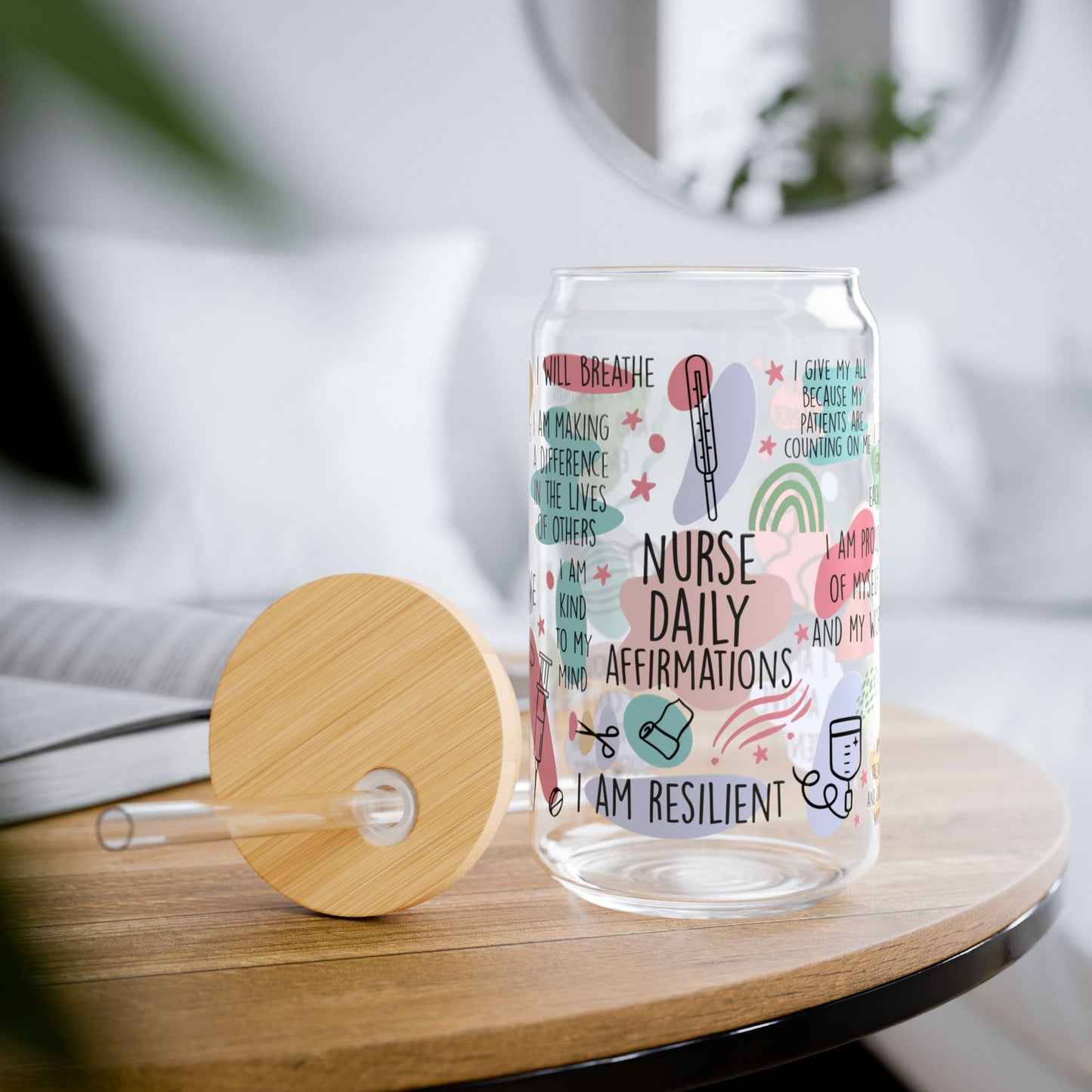 Nurses Daily Affirmations Inspirational Sipper Glass, Motivational Drinkware, 16oz Water Bottle, Gift for Healthcare Workers