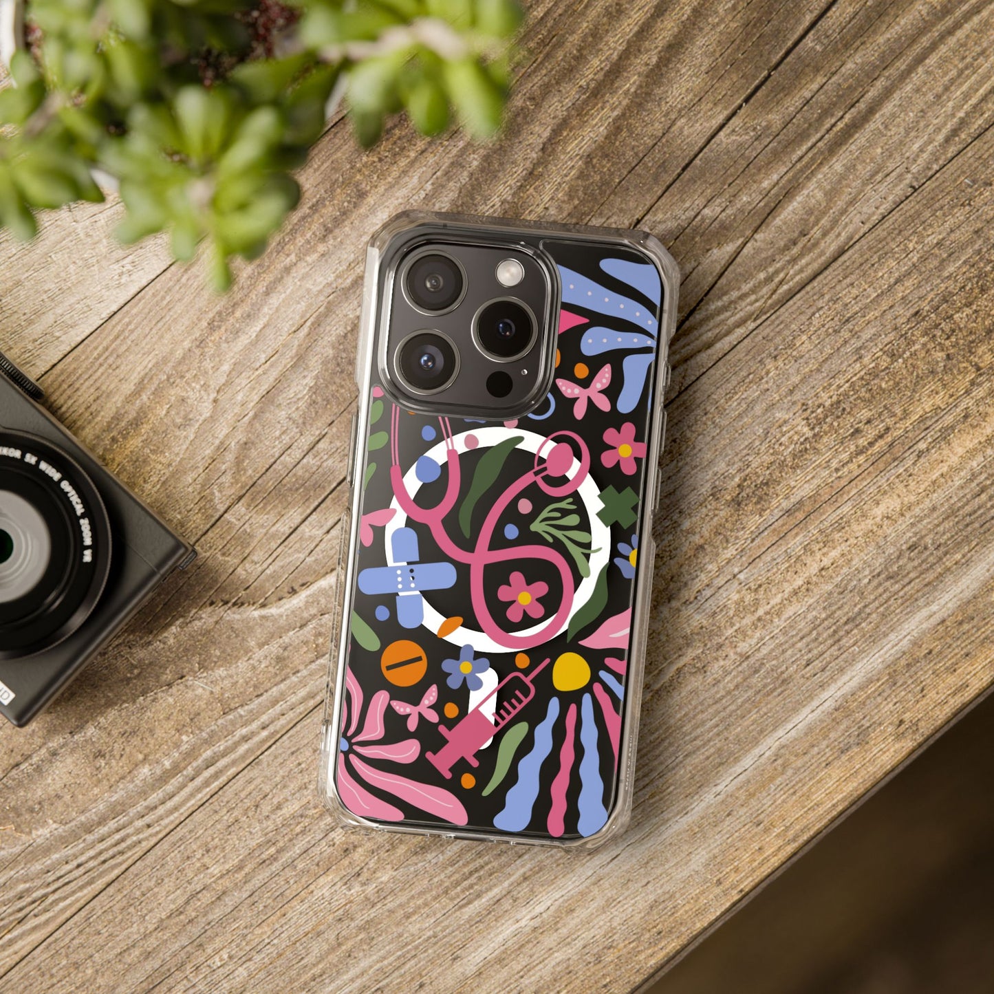 Magnetic Clear Impact Phone Case - Pink Stethoscope