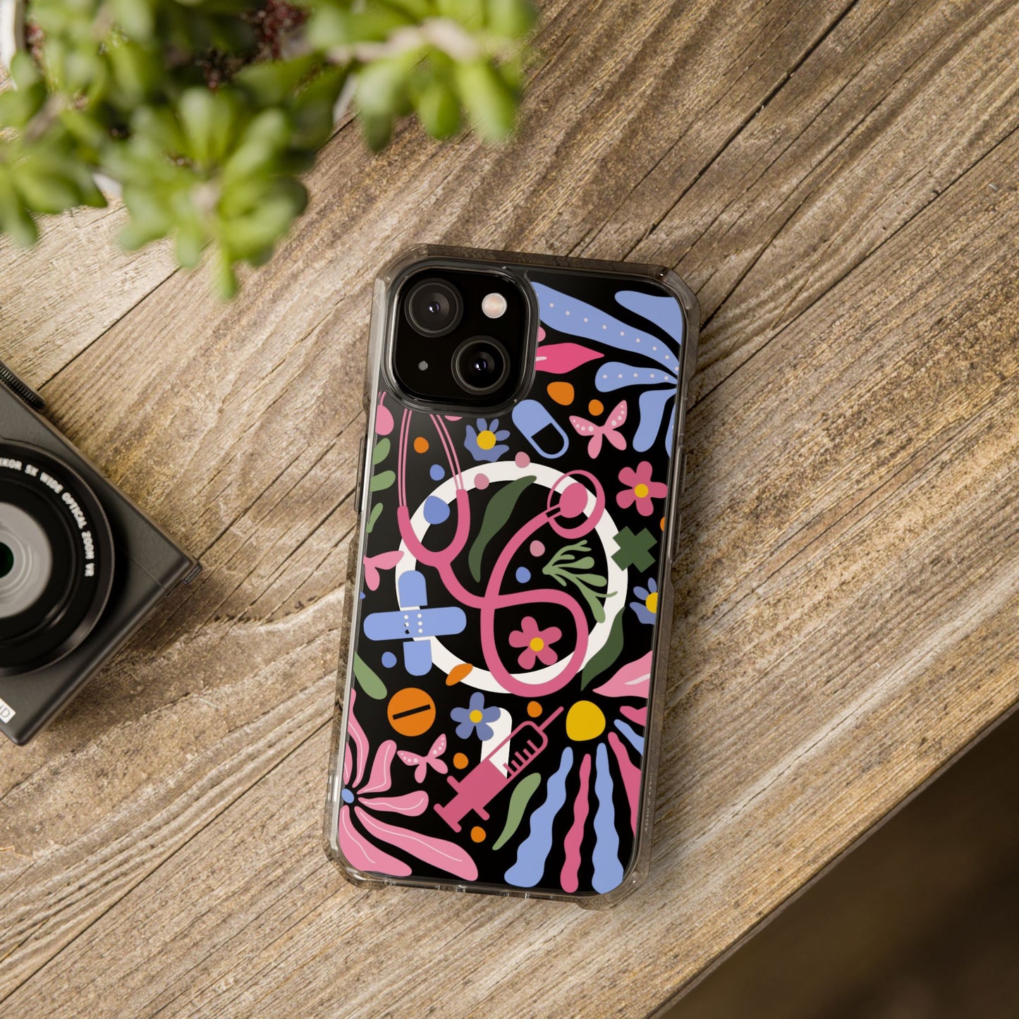 Magnetic Clear Impact Phone Case - Pink Stethoscope